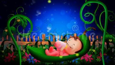 可爱的婴儿卡通睡在树叶摇篮，最好的循环视频背景
